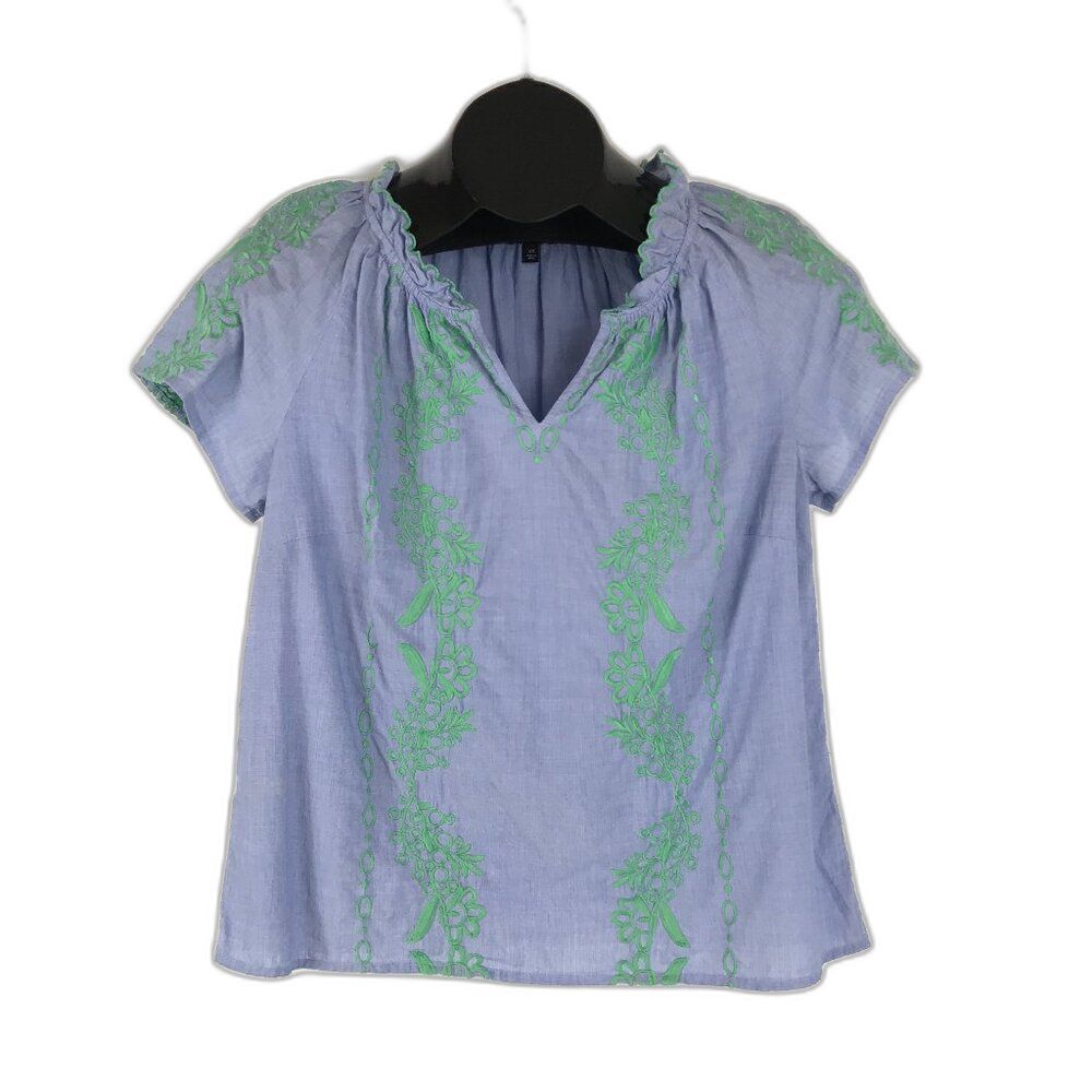 Talbots Floral Embroidered Chambray Top Women's XS 100% Cotton Spring Summer